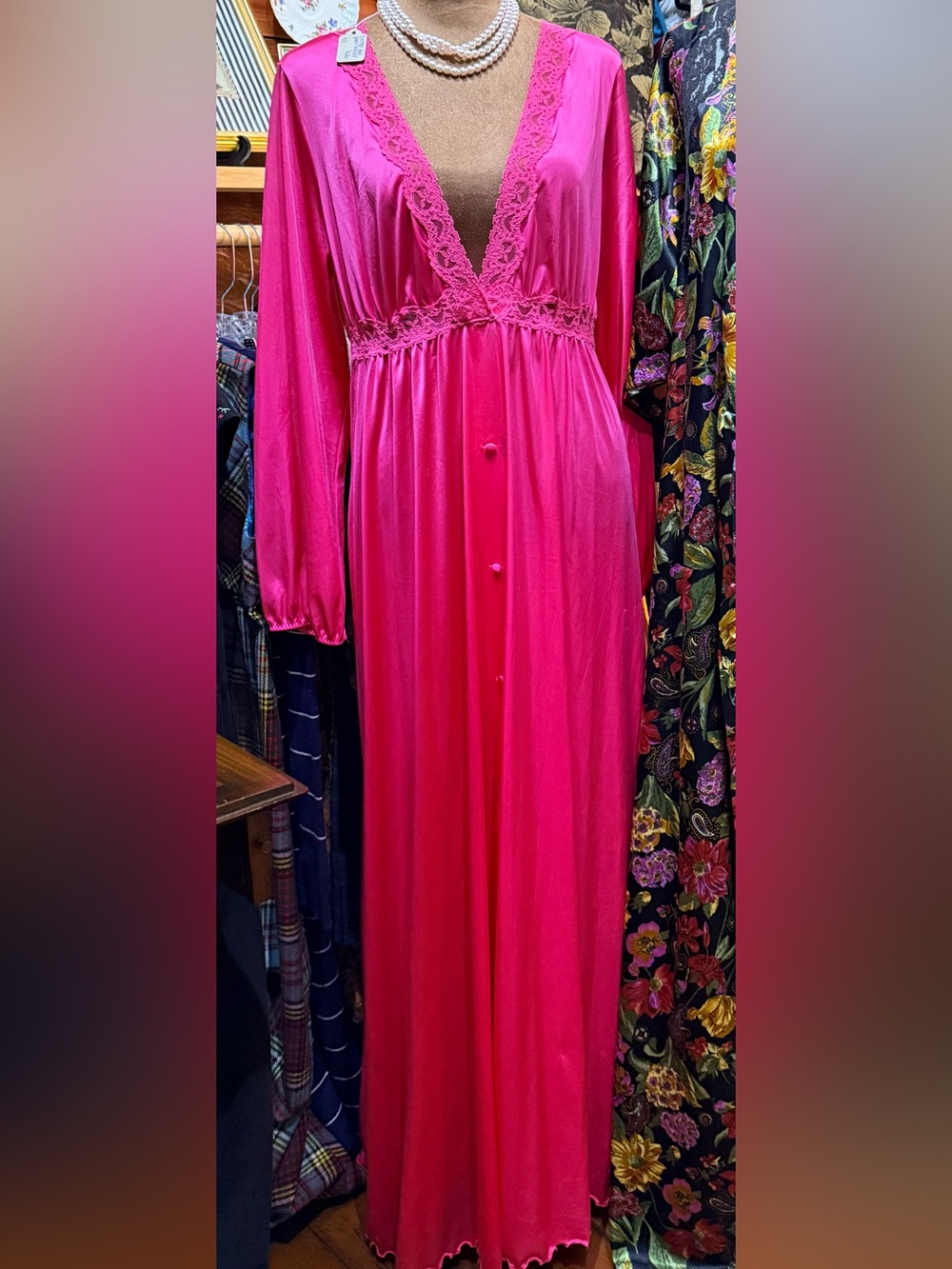 Vintage Shadowline Hot Pink Lace Maxi Peignoir Robe USA Romantic Lingerie